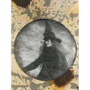 Halloween Decor: Black & White Witch Picture in Pressed Metal Circular Frame
